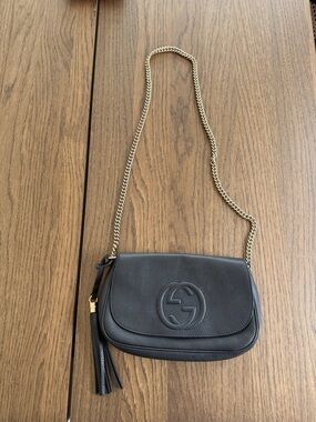 Gucci Black Pebbled Leather Crossbody with Gold Chain